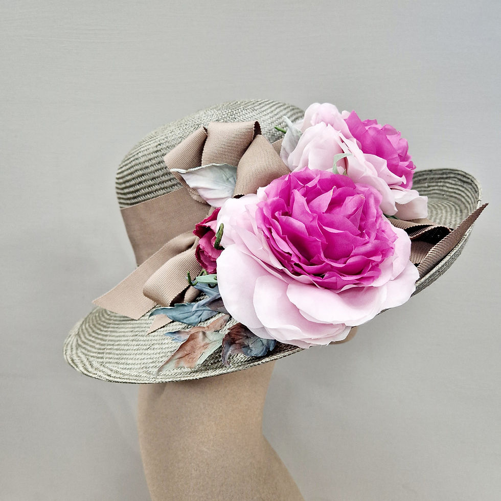Thumbnail: Romantic Wide Brim Straw Hat with Handmade Silk Flowers