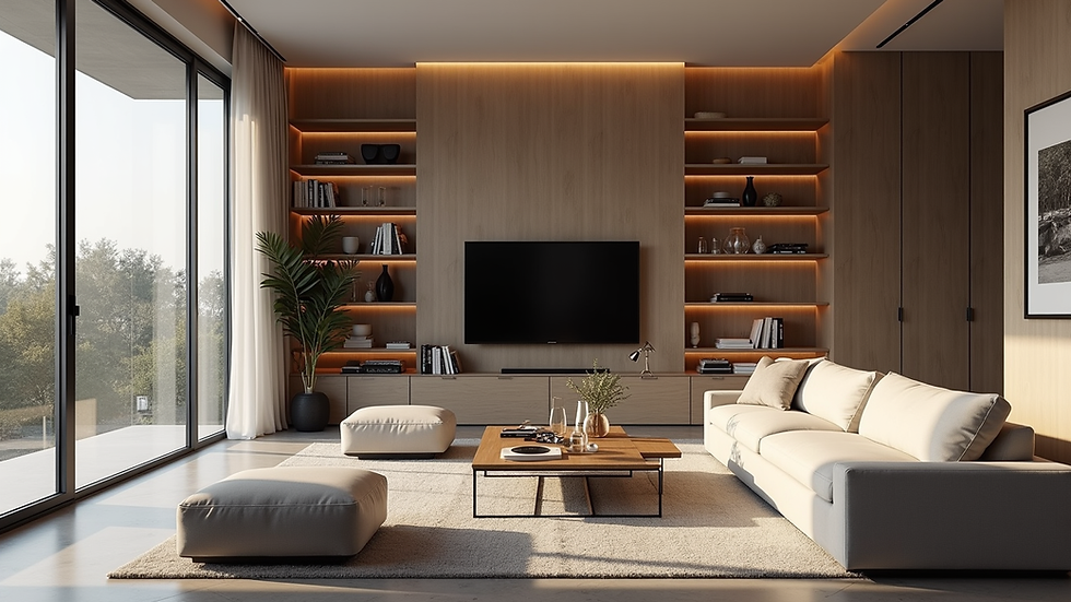 High angle view of a modern living room with custom shelving