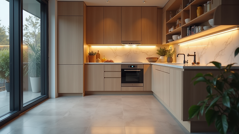High angle view of modern kitchen with built-in appliances and LED lighting