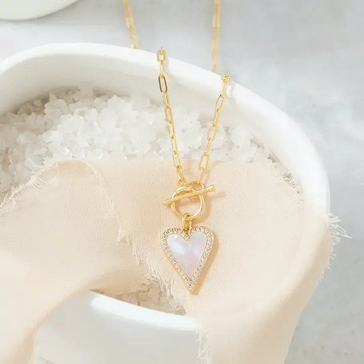 Thumbnail: Mother of Pearl Pavé Heart Toggle Necklace