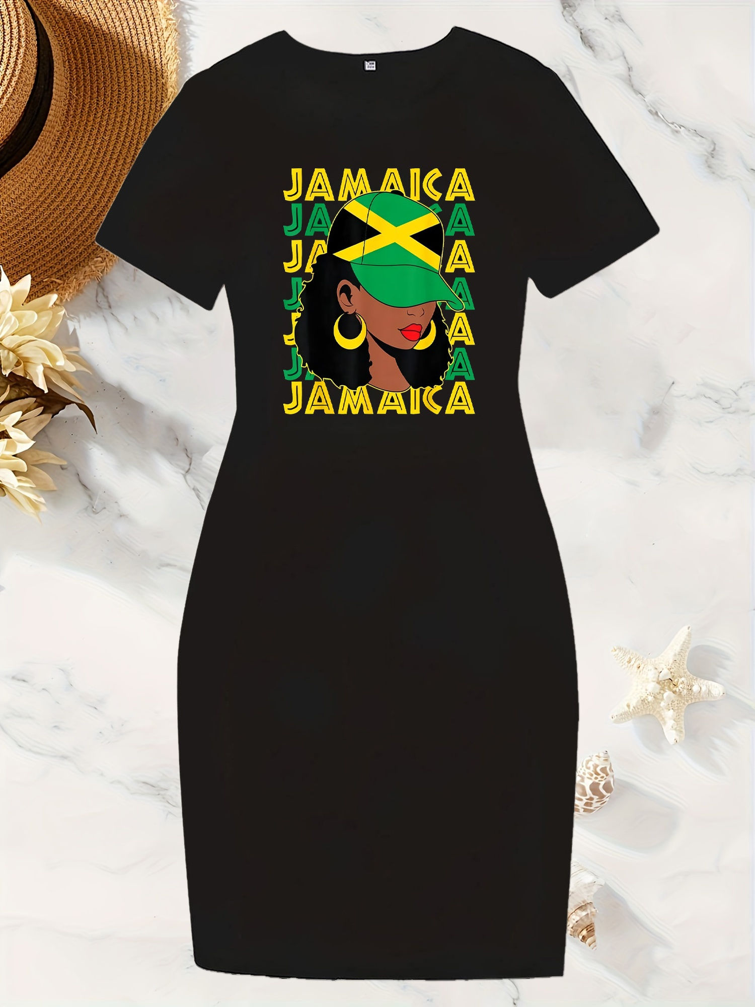 Plus Size Women Elegant Short Sleeve Dress Jamaica Graphic Print Stretchy Black