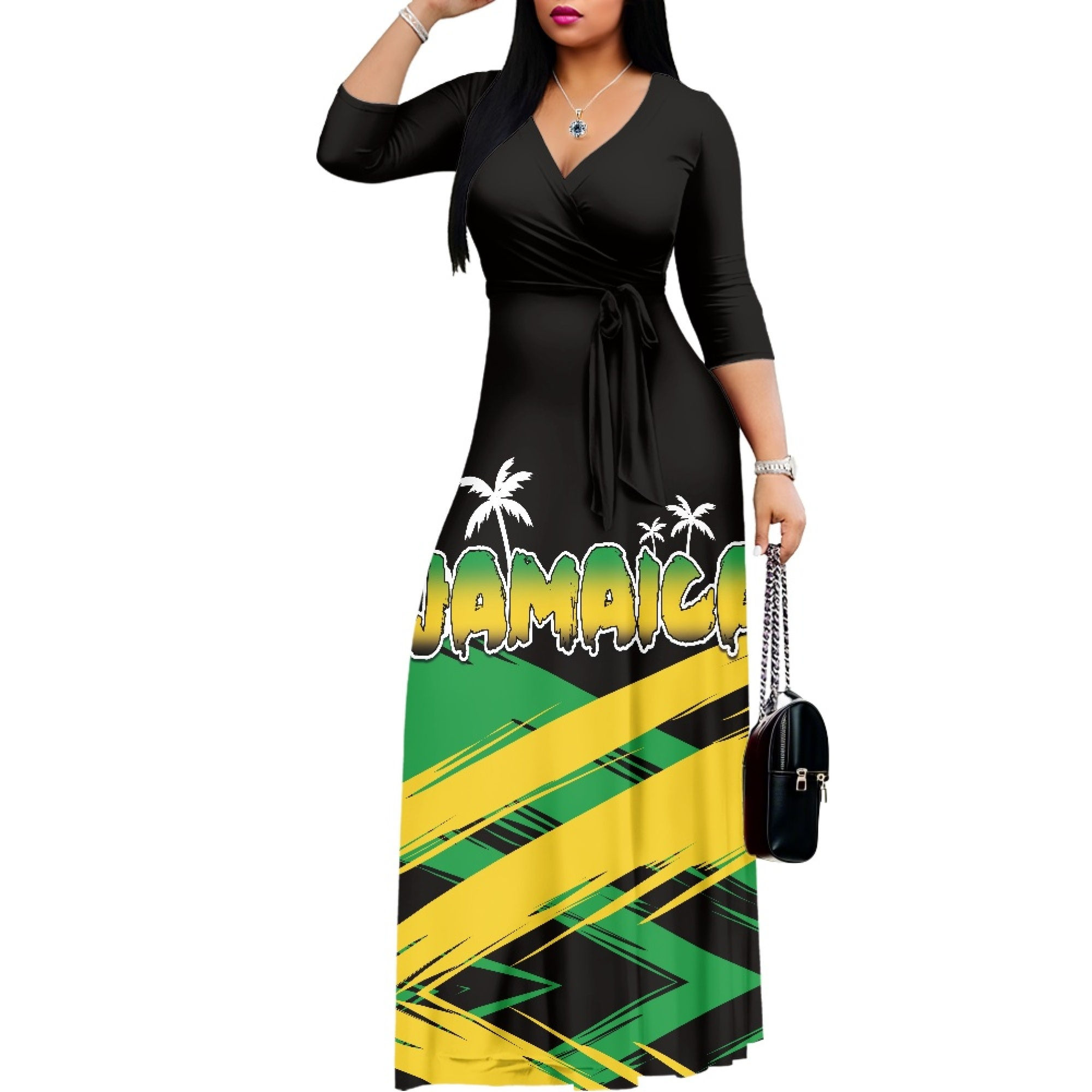 Jamaican Maxi Dress for Women Short Sleeve Casual Summer Loose with Pockets