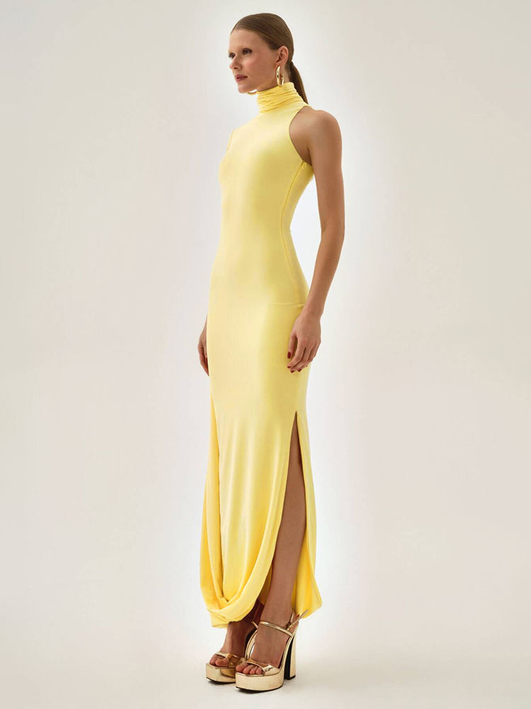 Thumbnail: Split Turtleneck Elegant Maxi Dress Women Gown One-shoulder High Waist 