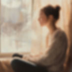 Woman seated with eyes closed, appearing calm and detached in thought.