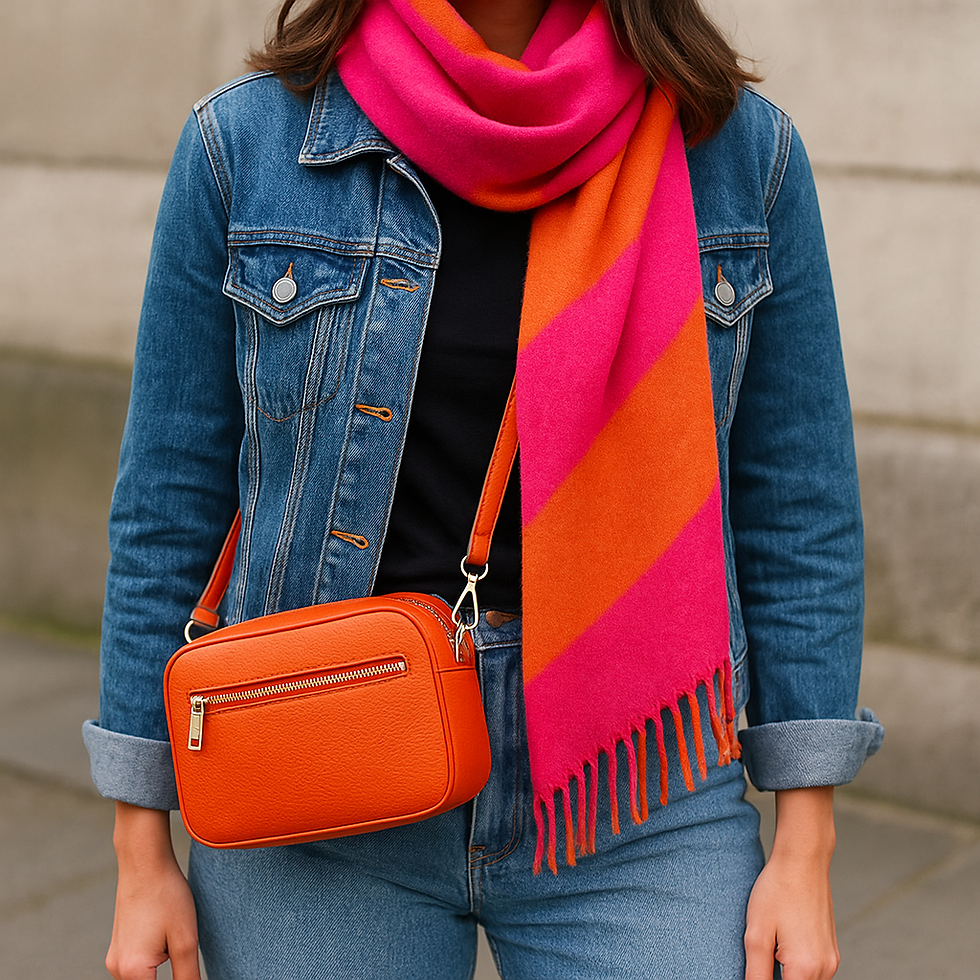 Classic jeans outfit is transformed with a vibrant scarf and colourful crossbody bag