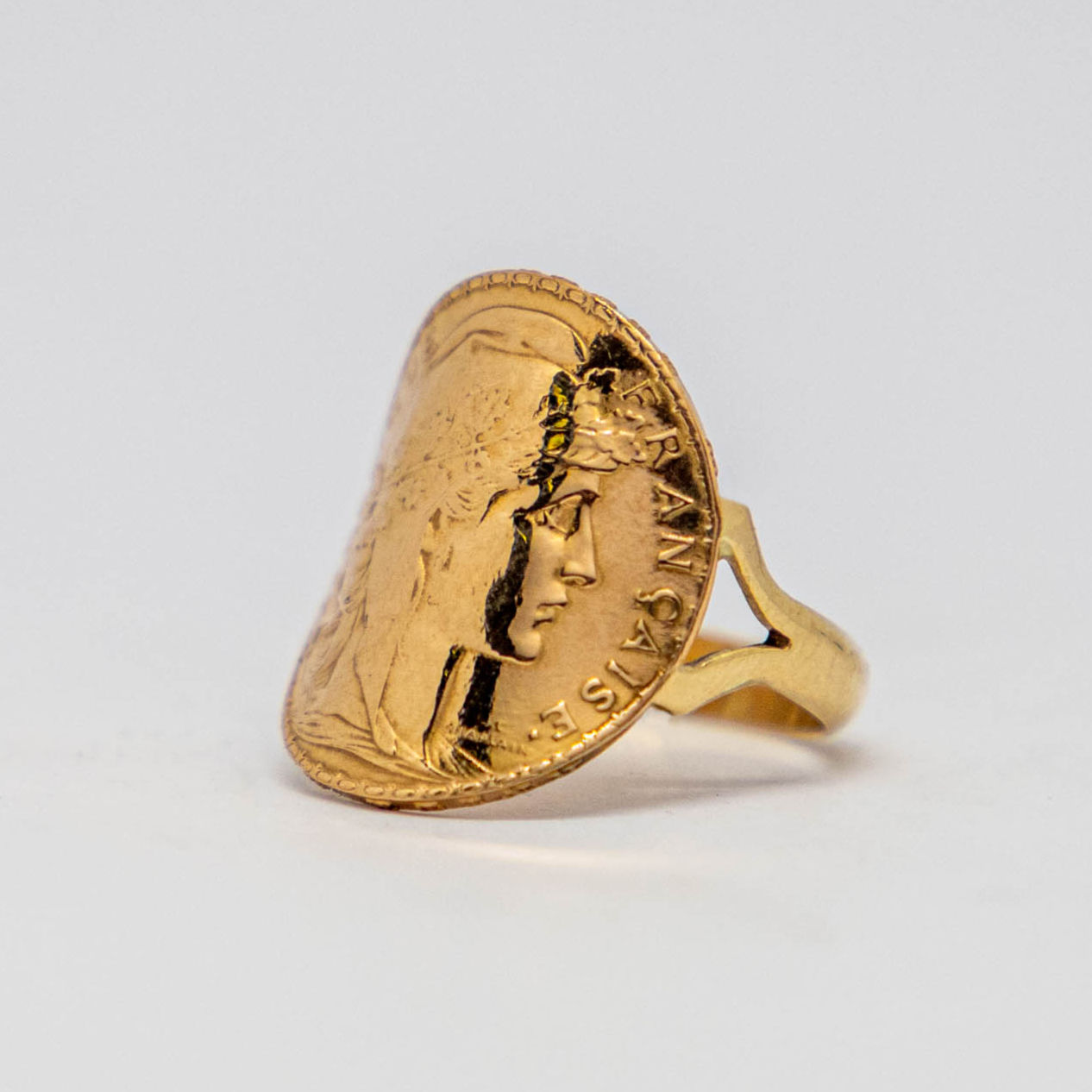 Bague 20 Francs Marianne au Coq, Cintrée Double Corps, Or