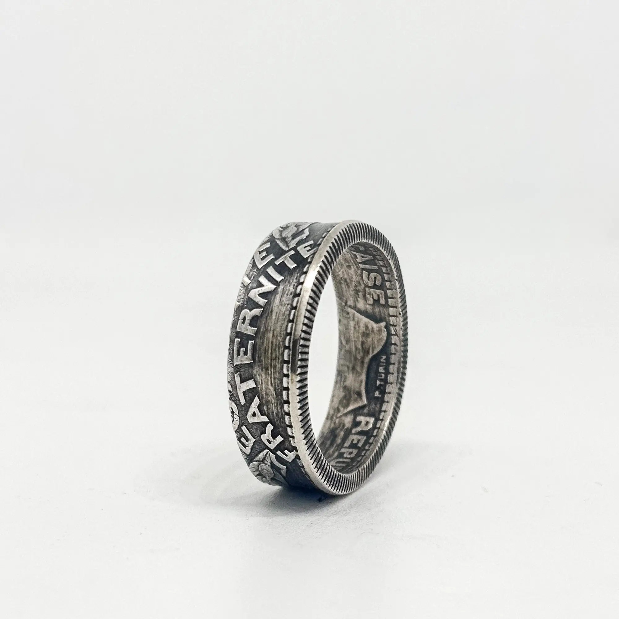 Anneau argent 10 Francs Fraternité – bijou unique fabriqué à partir d’une pièce Marianne de Turin