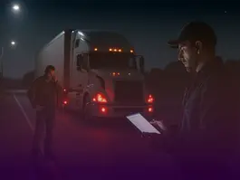 Night dispatcher coordinating roadside assistance via tablet while a stranded truck driver waits beside a broken-down semi on a dark highway.