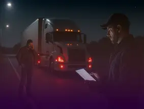 Night dispatcher coordinating roadside assistance via tablet while a stranded truck driver waits beside a broken-down semi on a dark highway.