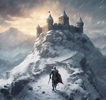 Fantasy Knight fighting his way to a fortress on the top of the mountain where its covered