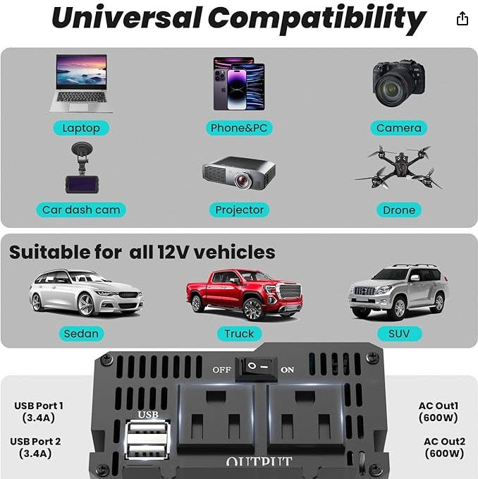 Miniatura: Inversor de onda sinusoidal pura de 600 W 12 V CC a 110 V/120 V