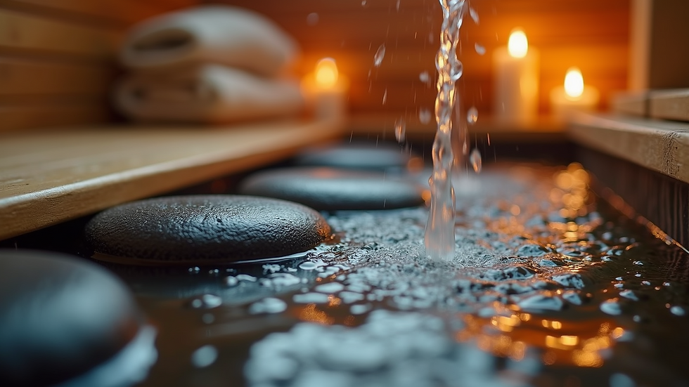 Close-up view of water pouring over hot sauna stones