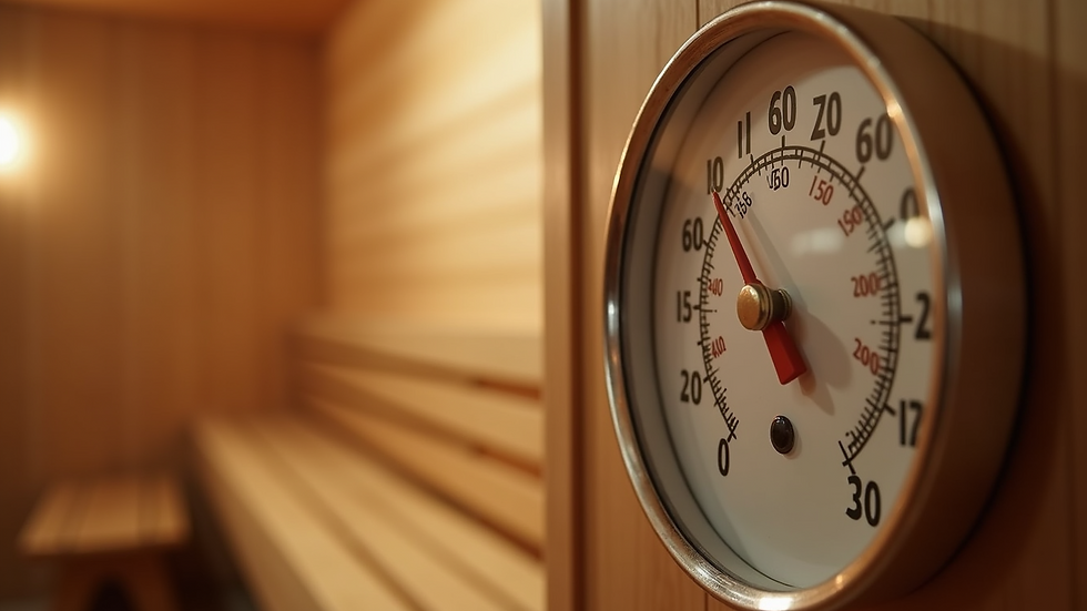 Close-up view of sauna thermometer showing temperature