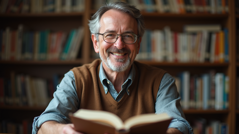 Eye-level view of Terry Brown, an English instructor turned author, smiling while holding a book