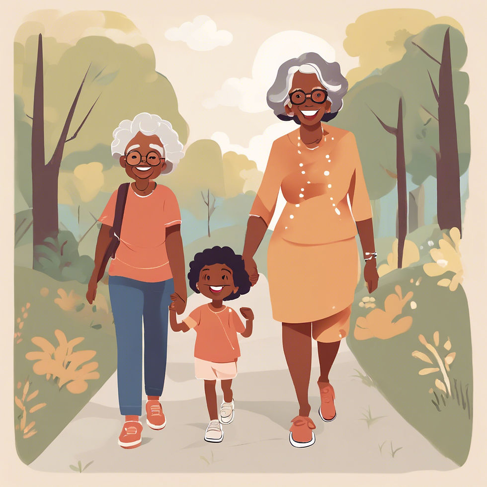 Two older women taking a walk with a young child.