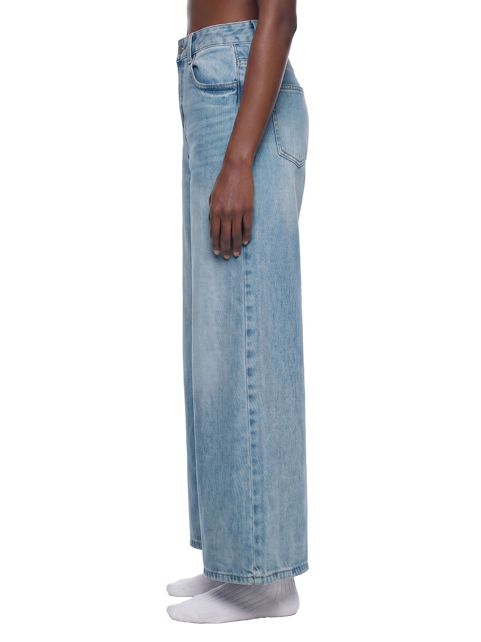 Front view of women's light bleached wash baggy wide leg jeans with a loose full-length fit