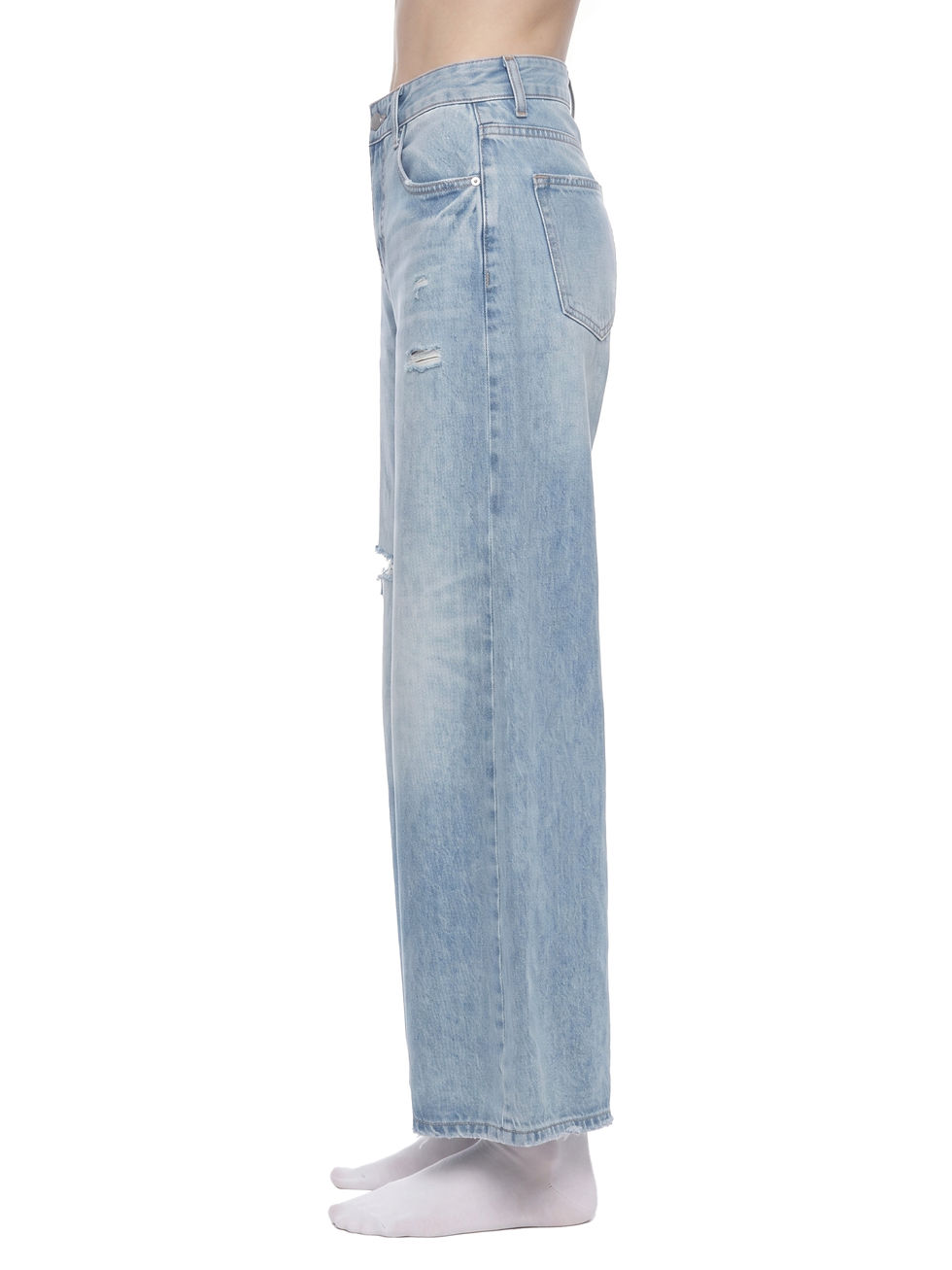 Front view of women's vintage blue wash wide leg jeans with ripped distressed knees and whiskering