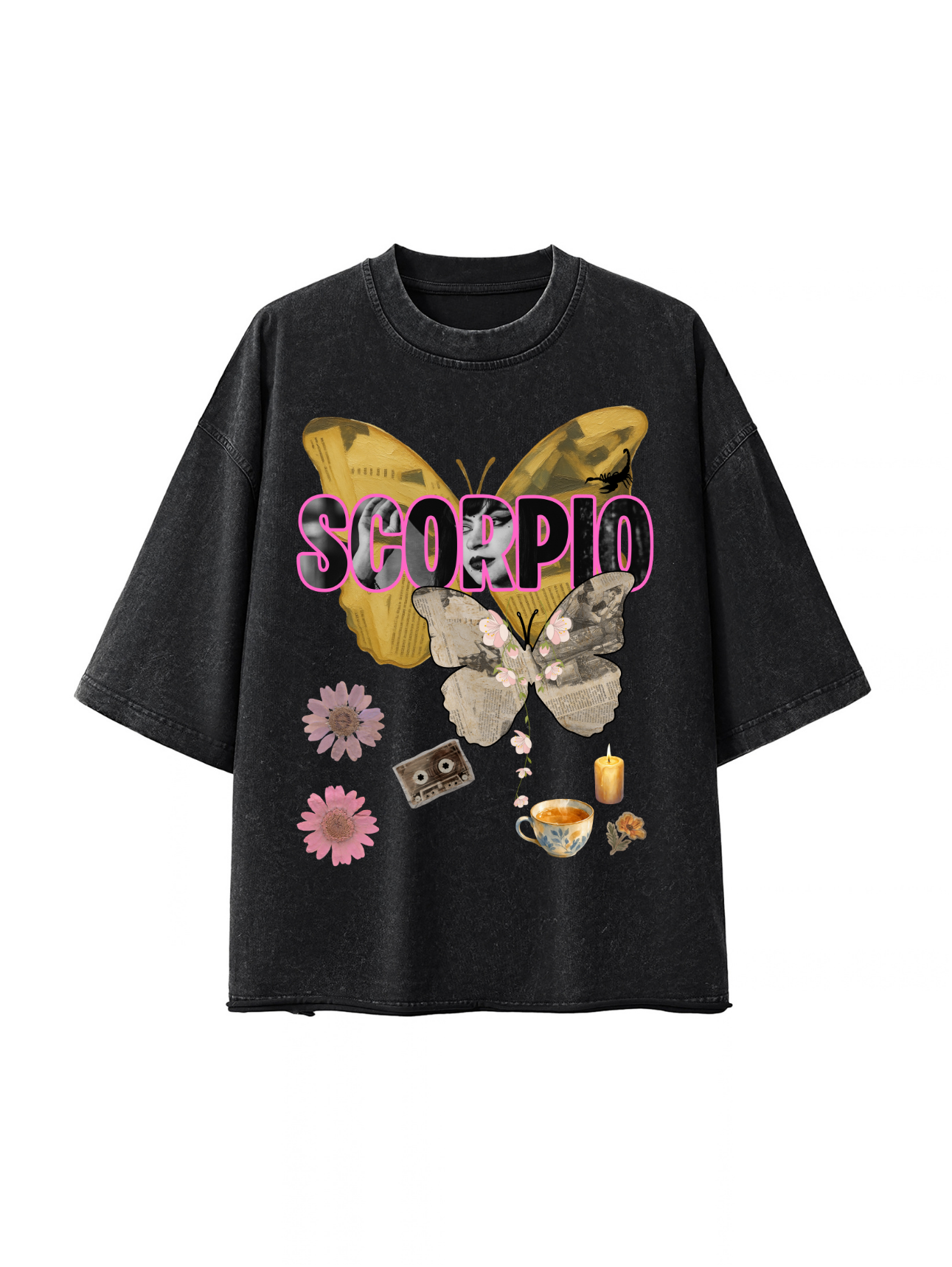 Scorpio Zodiac Vintage Wash Boxy Tee – Golden Butterfly & Moth Graphic