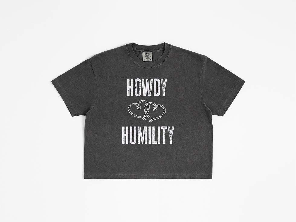 Pepper gray boxy cropped tee with distressed white "HOWDY HUMILITY" text and two intertwined rope hearts, styled with gray fr