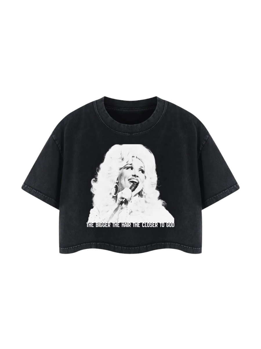 Bigger the Hair Closer to God graphic on cream mineral wash crop T-shirt