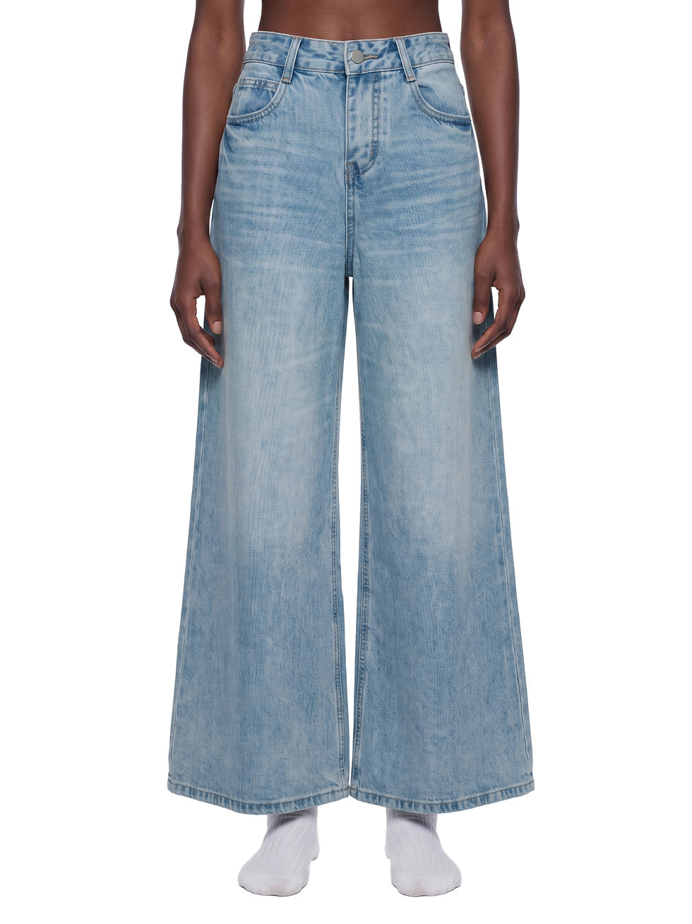 Front view of women's light bleached wash baggy wide leg jeans with a loose full-length fit