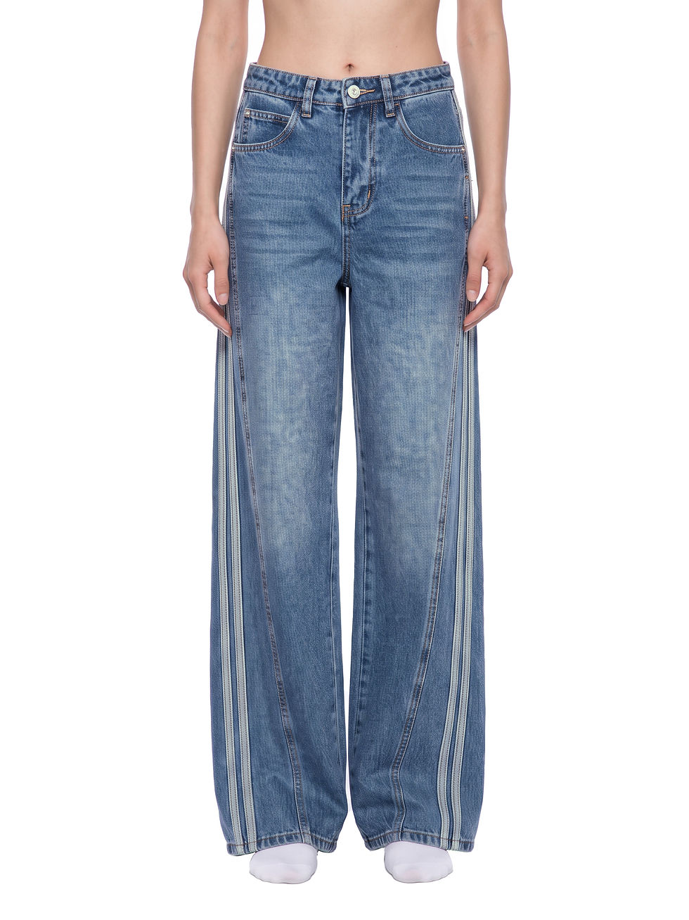 Front view of women's vintage wash wide leg jeans with contrast webbing stripes down the outside of each leg