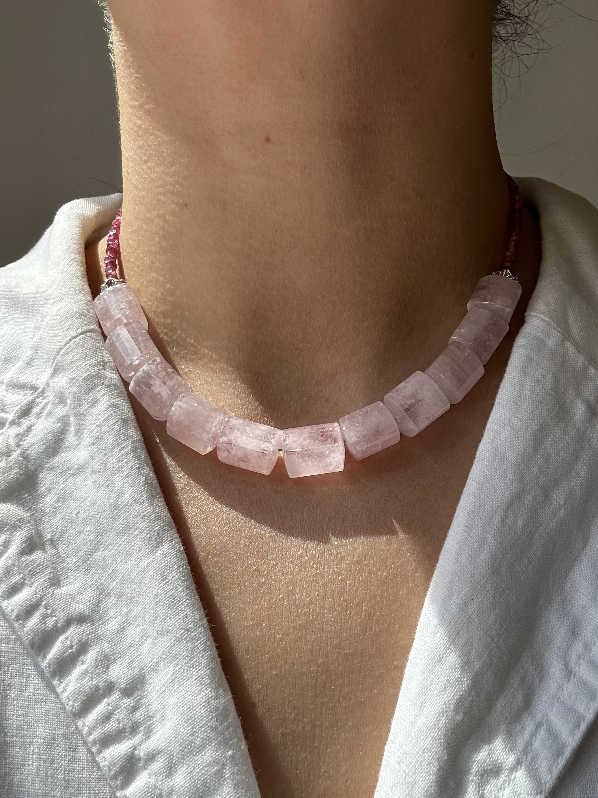 MORGANITE AQUAMARINE, PINK TOURMALINE, AND STERLING SILVER NECKLACE