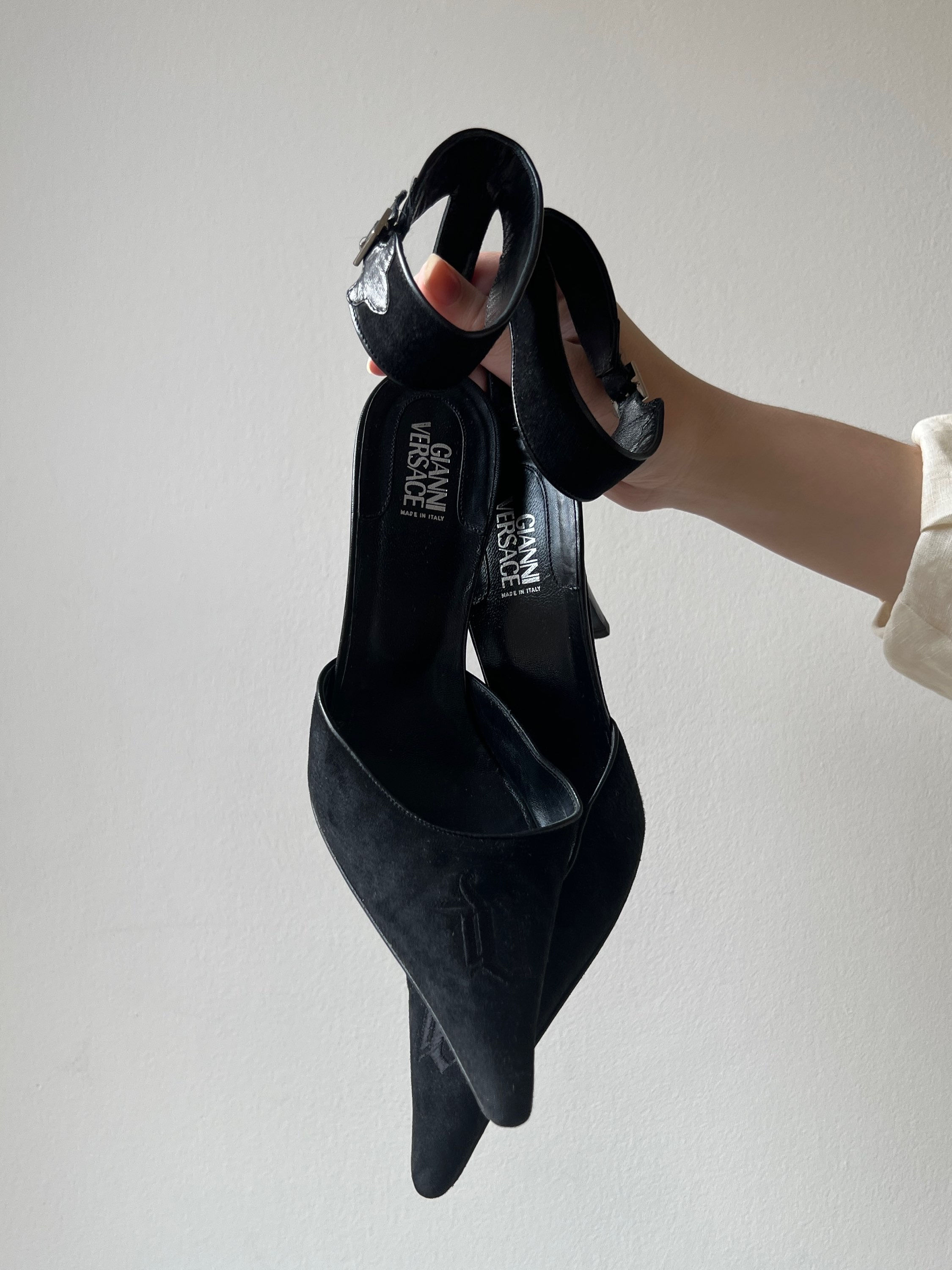 GIANNI VERSACE BLACK SUEDE HEELS, SZ 8.5