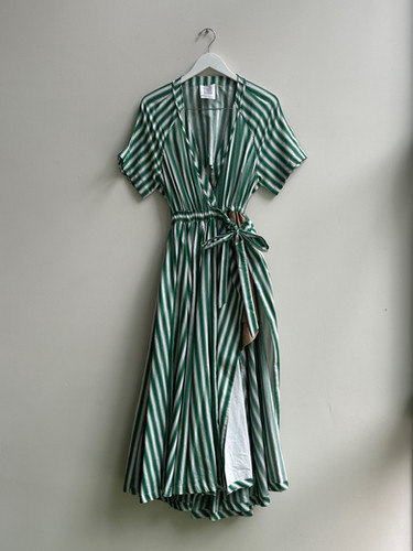 slim fit dress slacks Bow Shoulder Dress in Watercolor Stripe Linen Green / 0