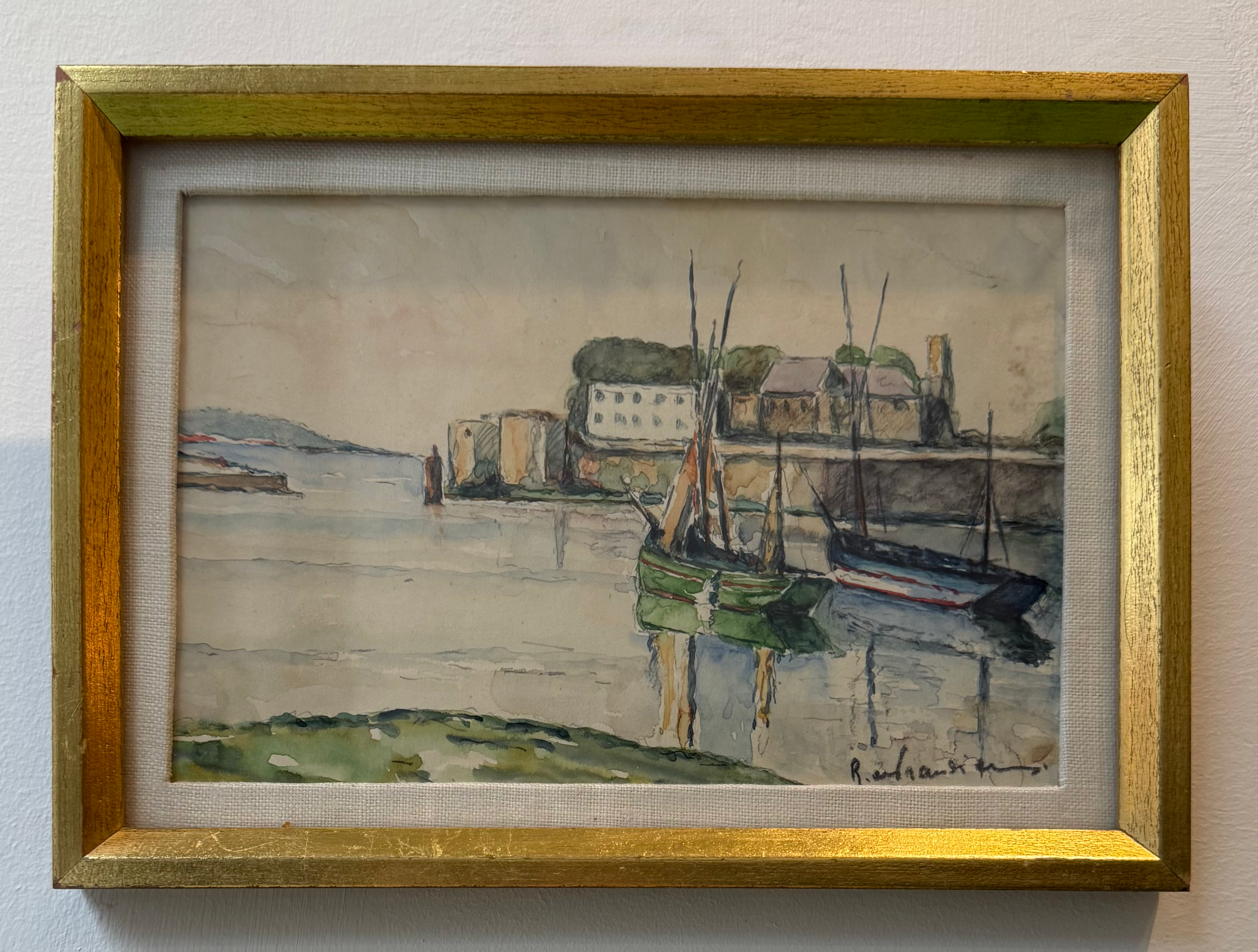 Framed Waterside Watercolor Painting by R. de Prandieres