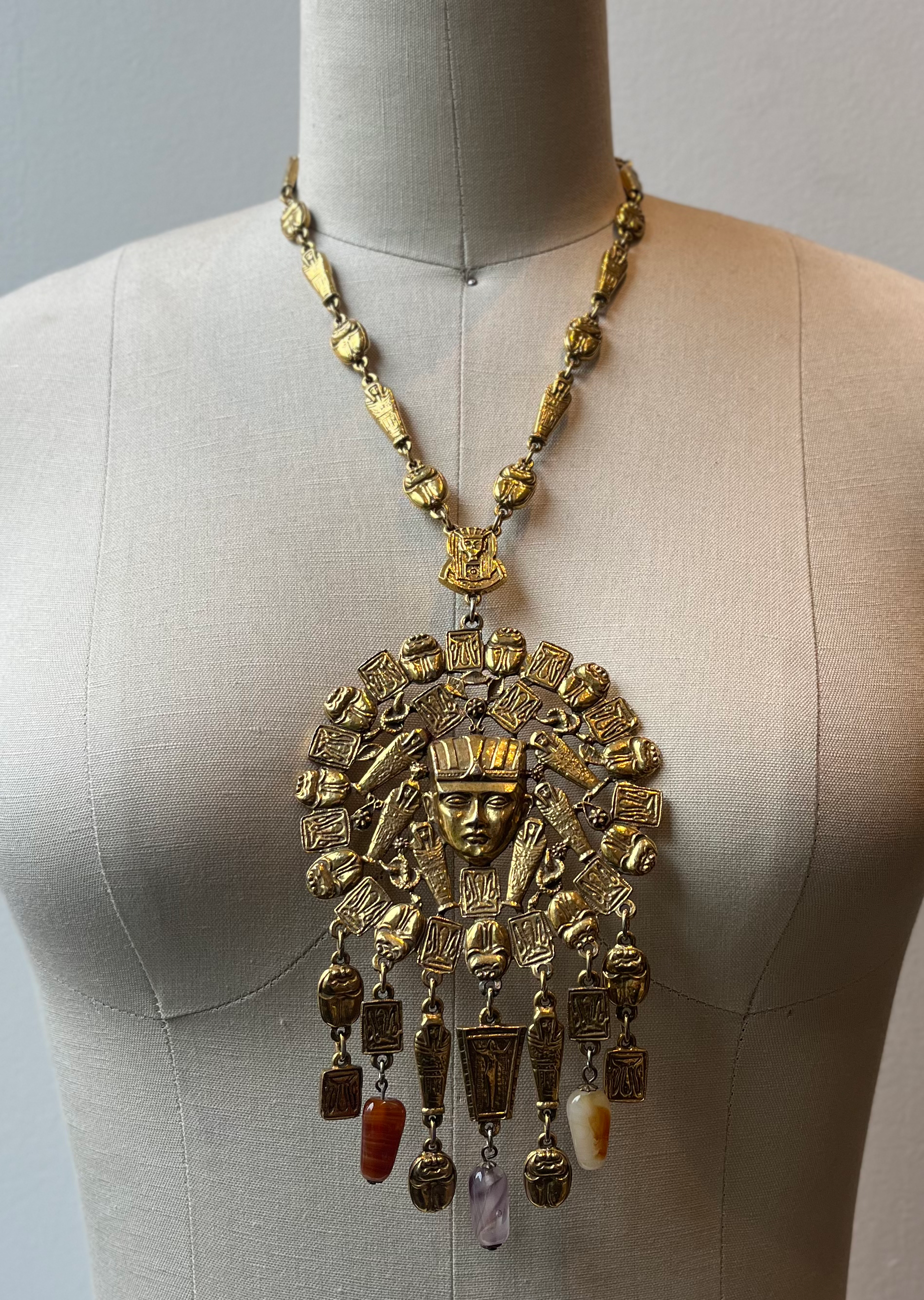 Monumental Vintage Goldette Egyptian Revival Pendant  Necklace