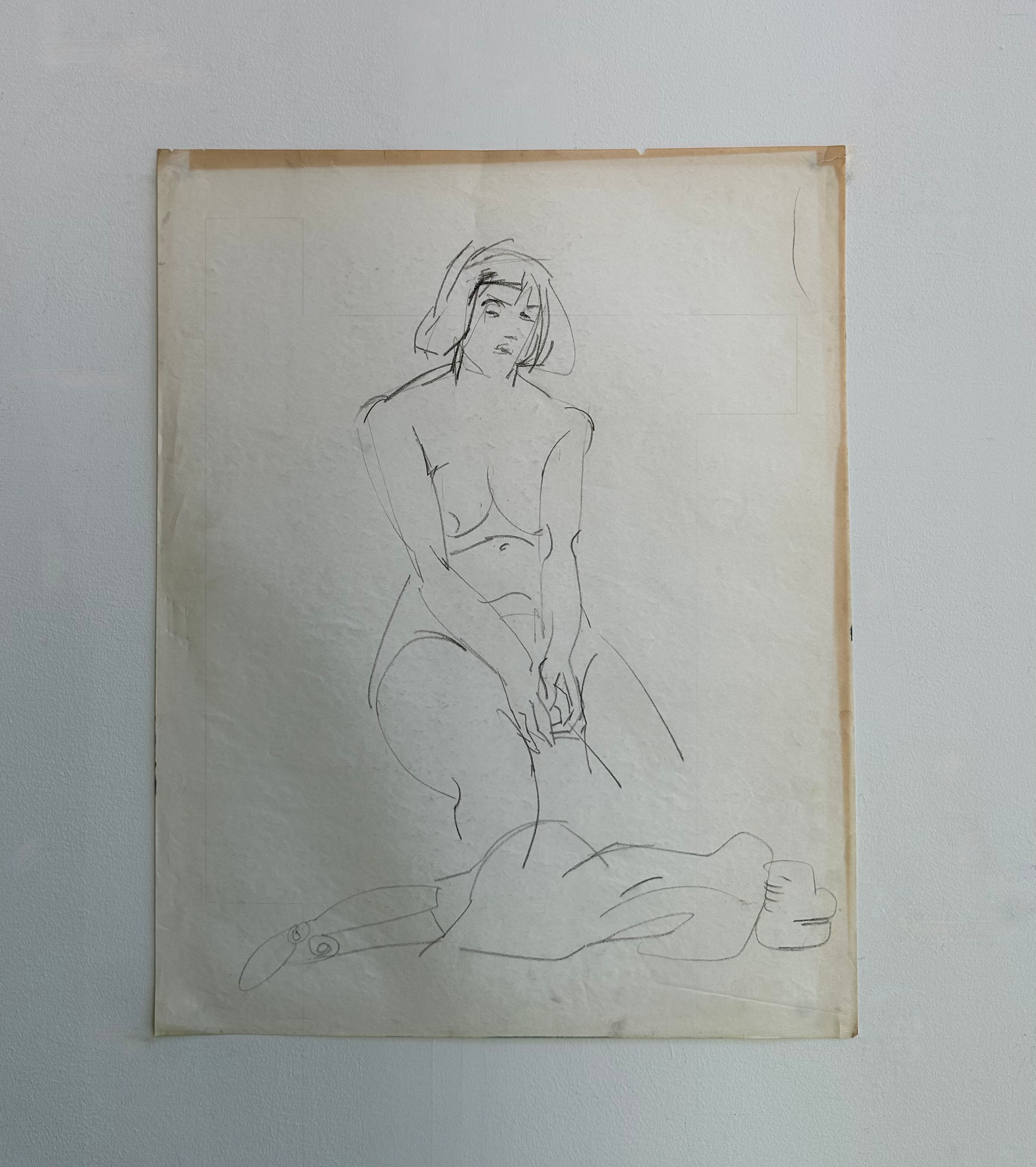 Vintage Charcoal Sketch of Seated Nude Model