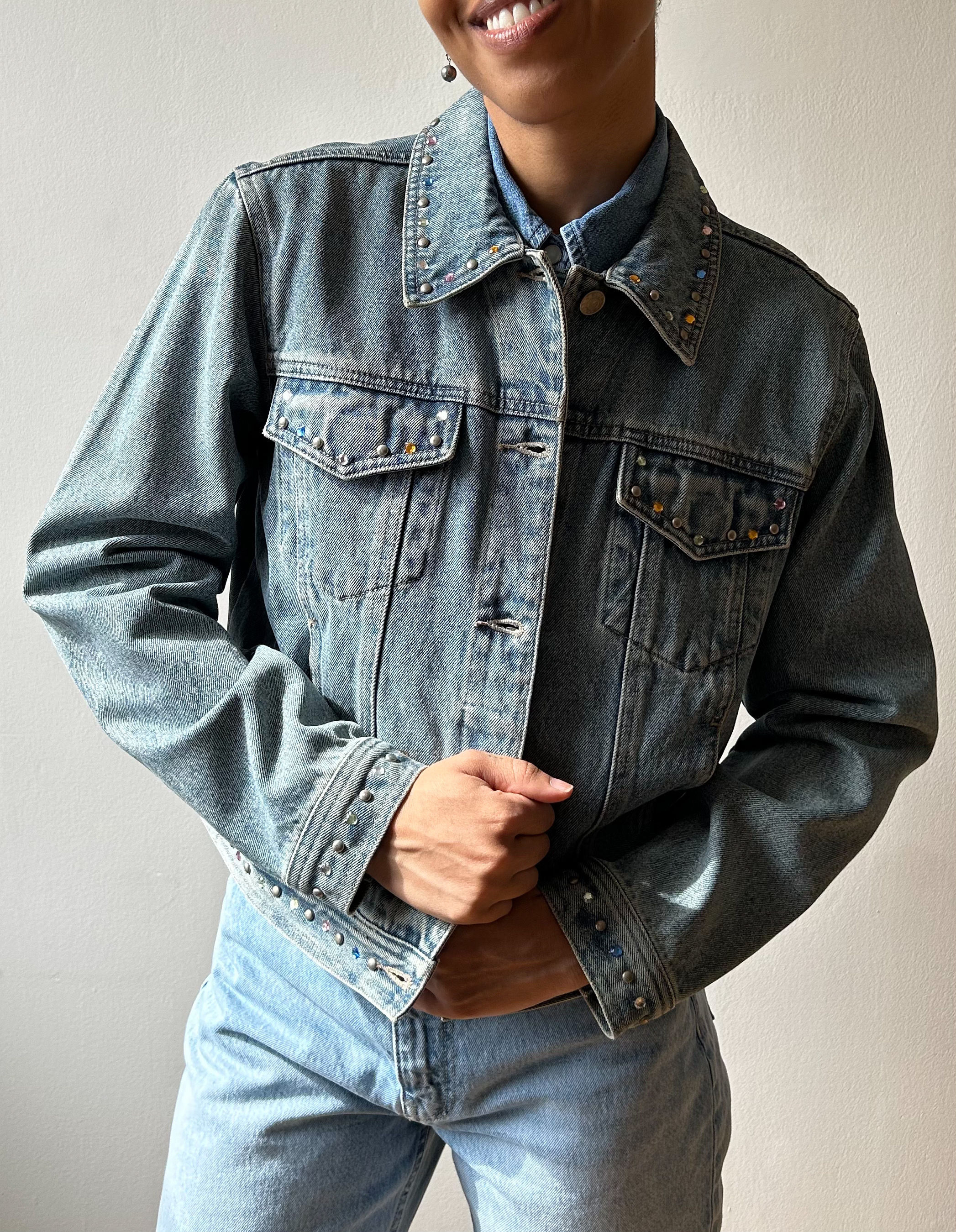 Baccini Denim Jacket Embellished with Rhinestones and Studs
