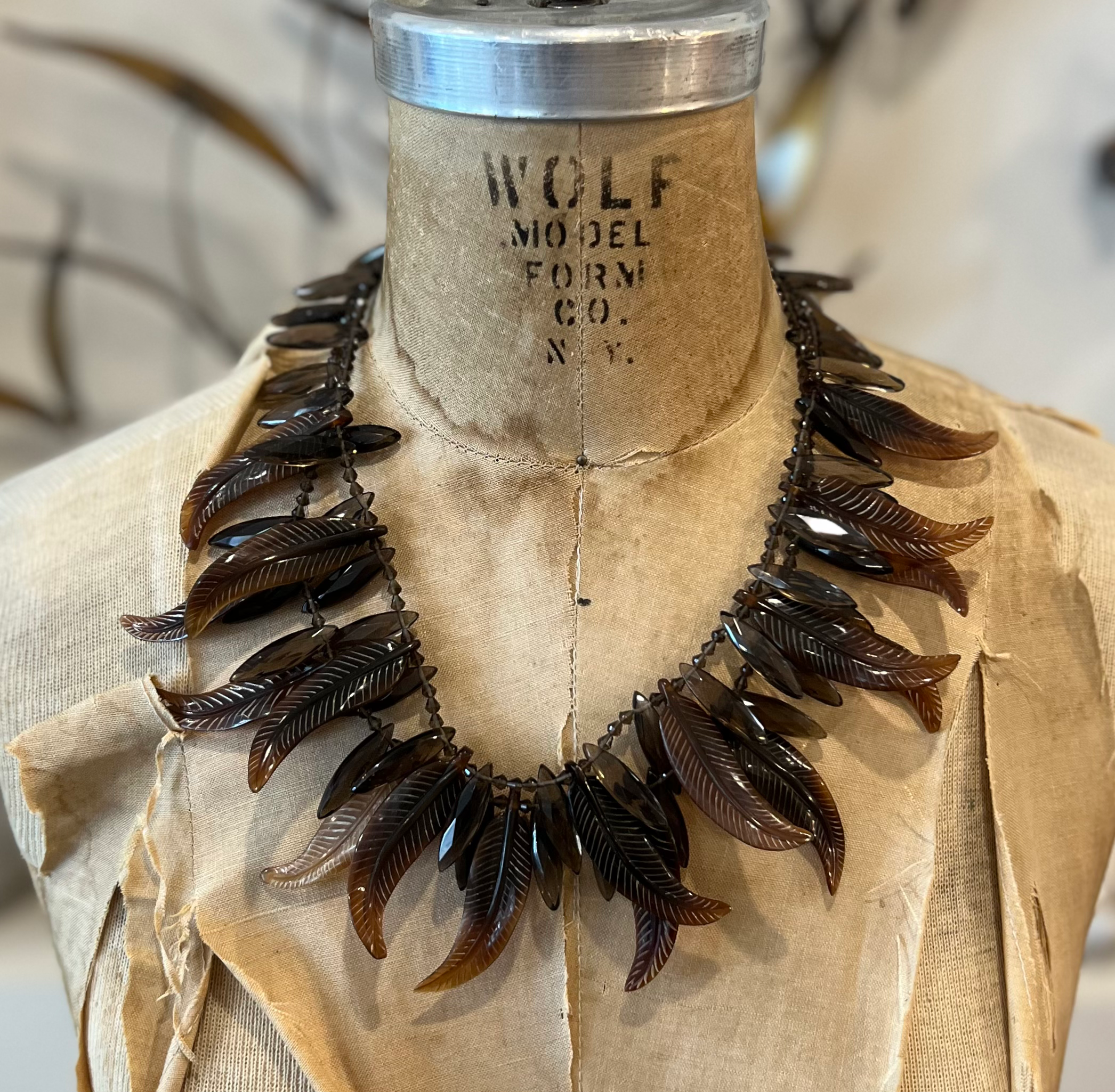 Carved Horn Leaves with Faceted Smoky Quartz and Sterling Silver