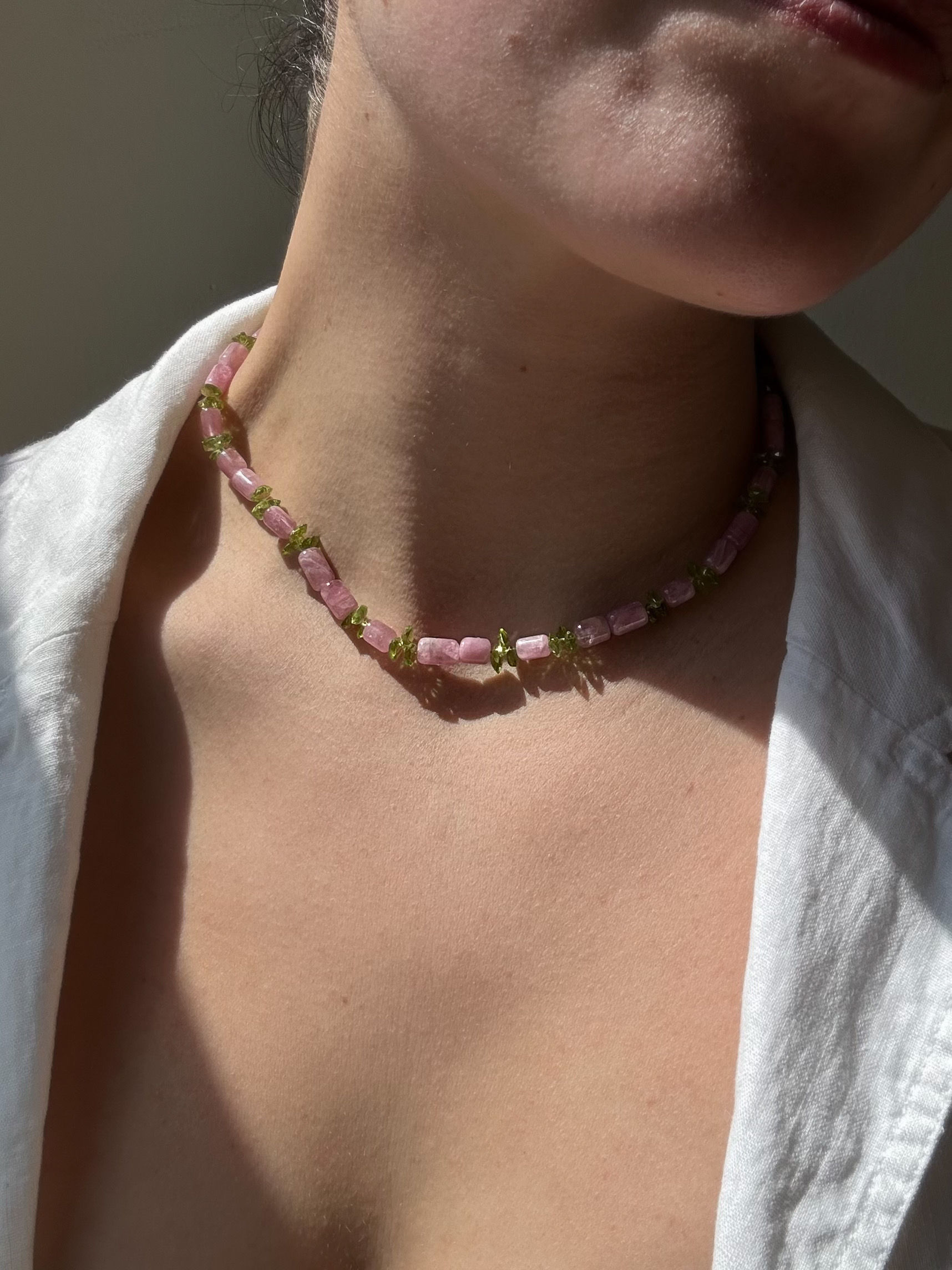 Pink Tourmaline, Peridot, and 18K Gold Necklace