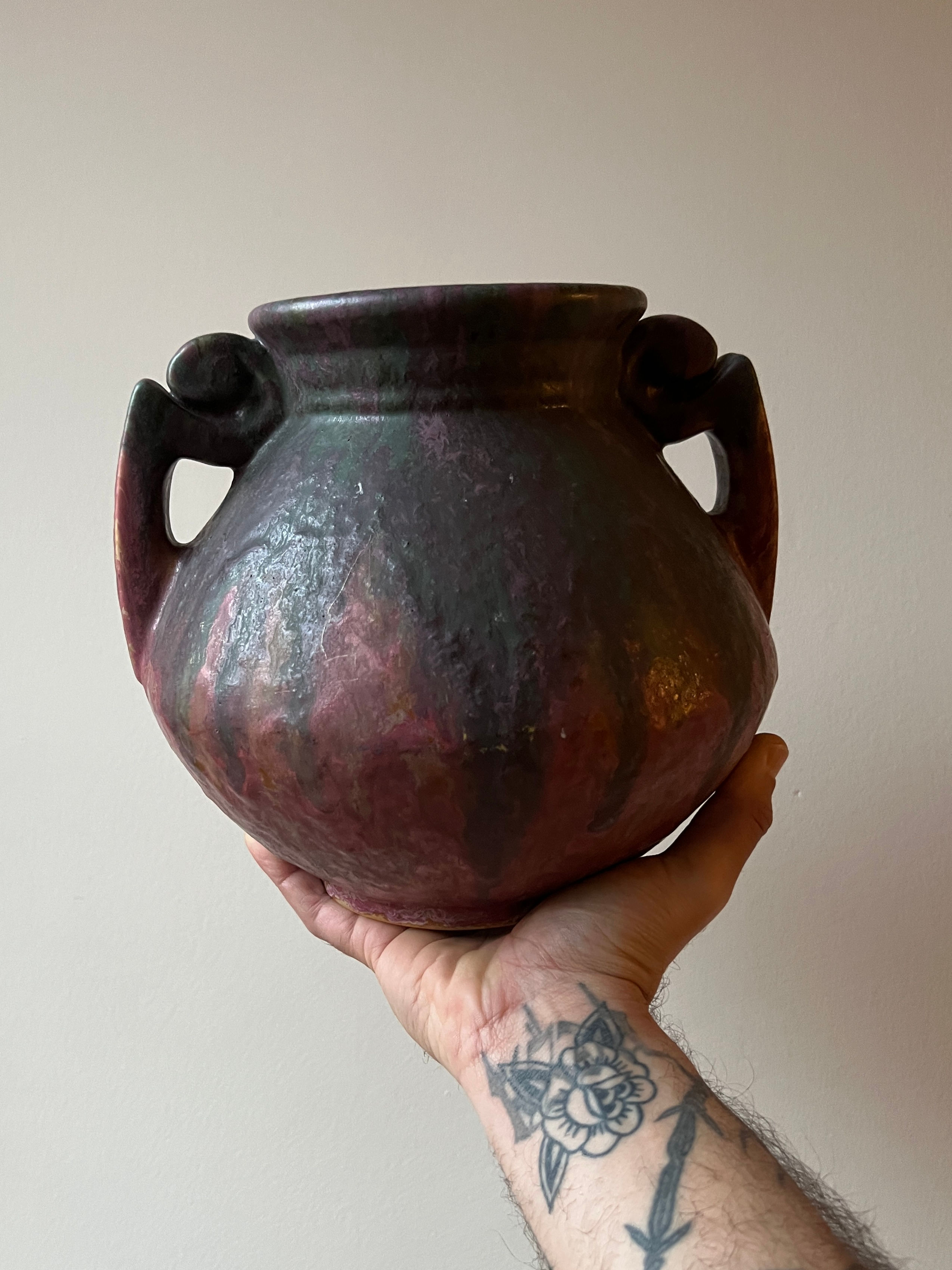 Roseville Carnelian Pink Double Handled Ceramic Vase 318-8