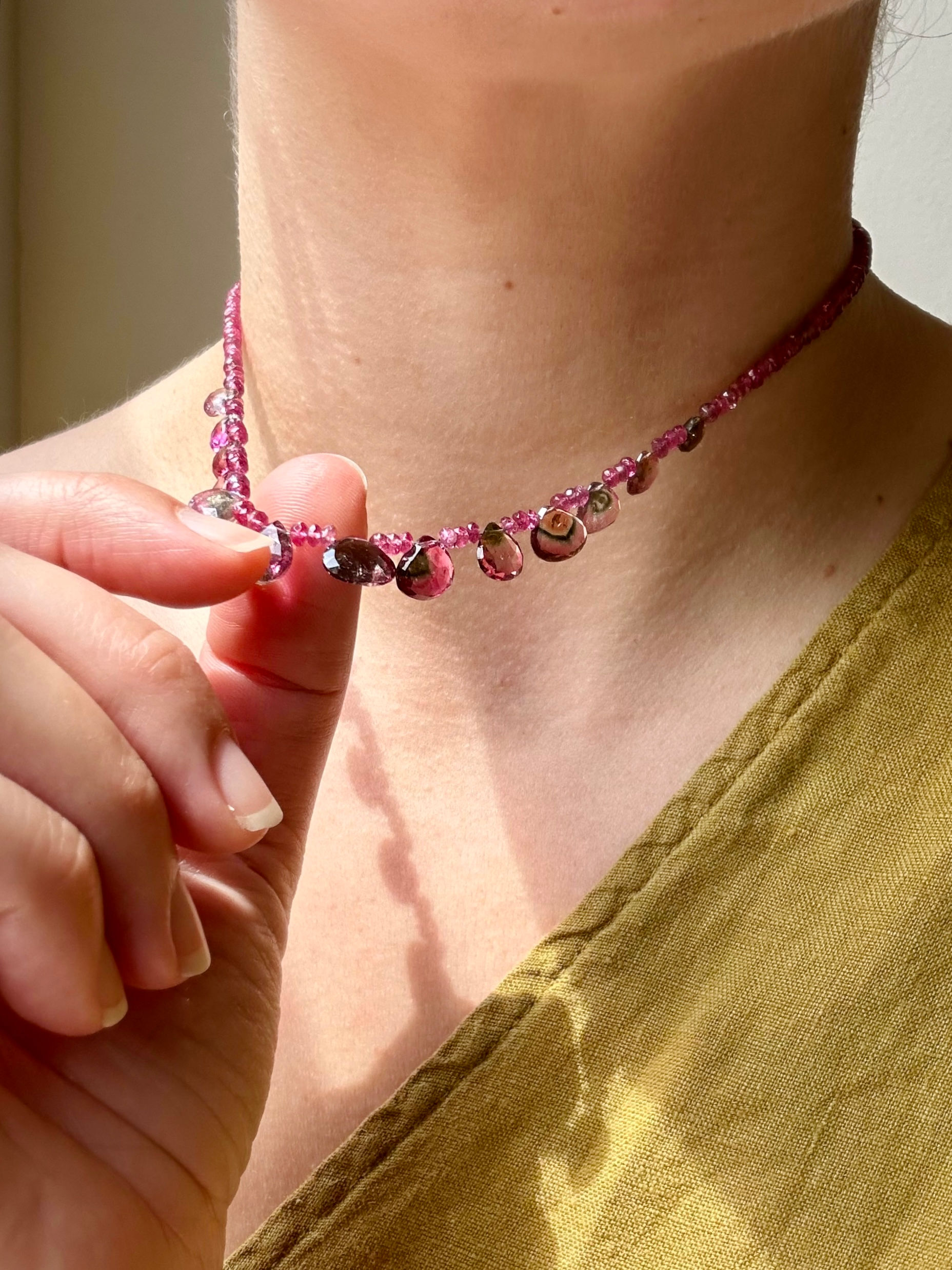 PINK TOURMALINE, WATERMELON TOURMALINE, AND 18K GOLD NECKLACE 