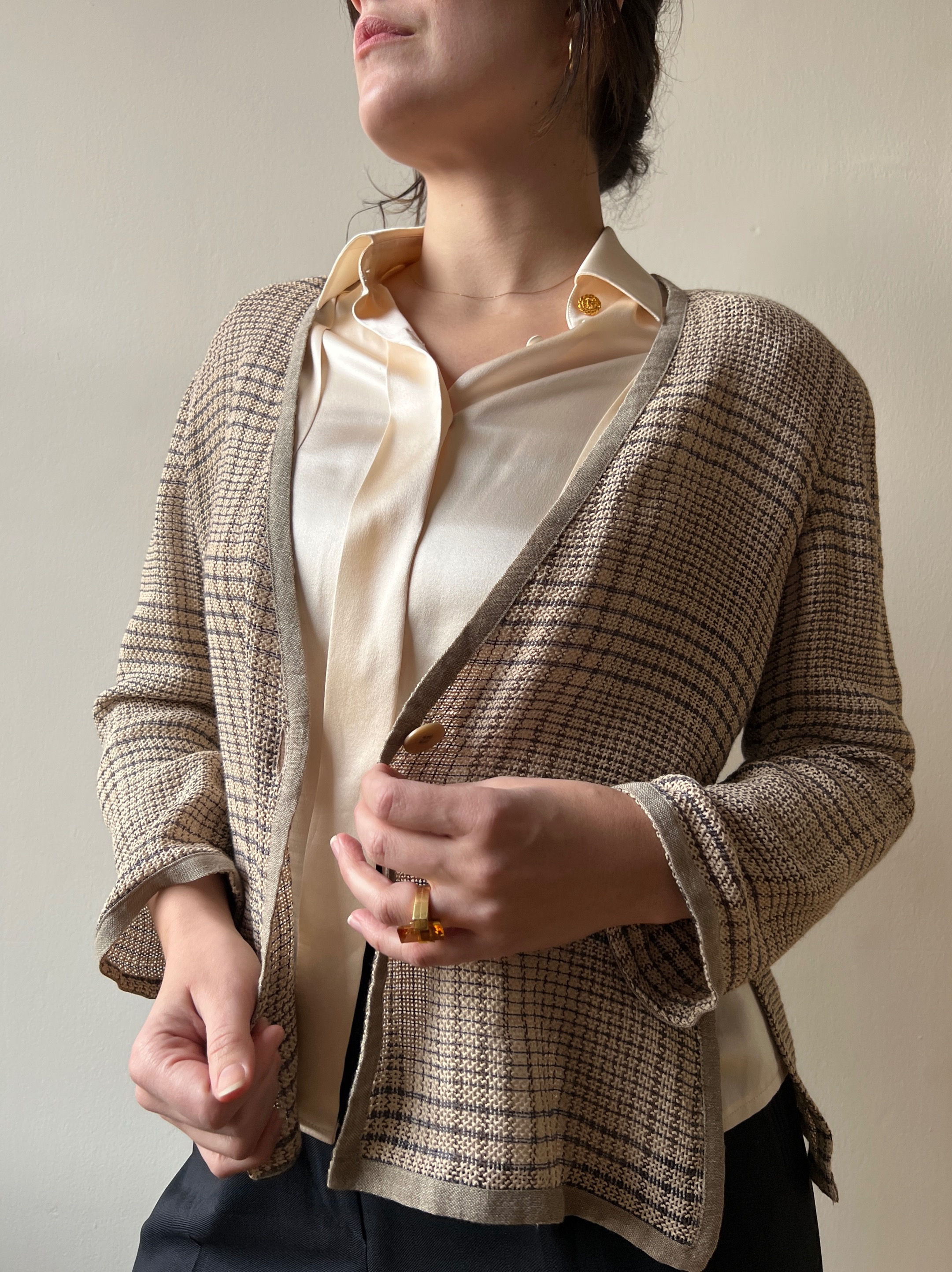 GIORGIO ARMANI COLLEZIONI PLAID LINEN BLEND SWEATER/BLAZER