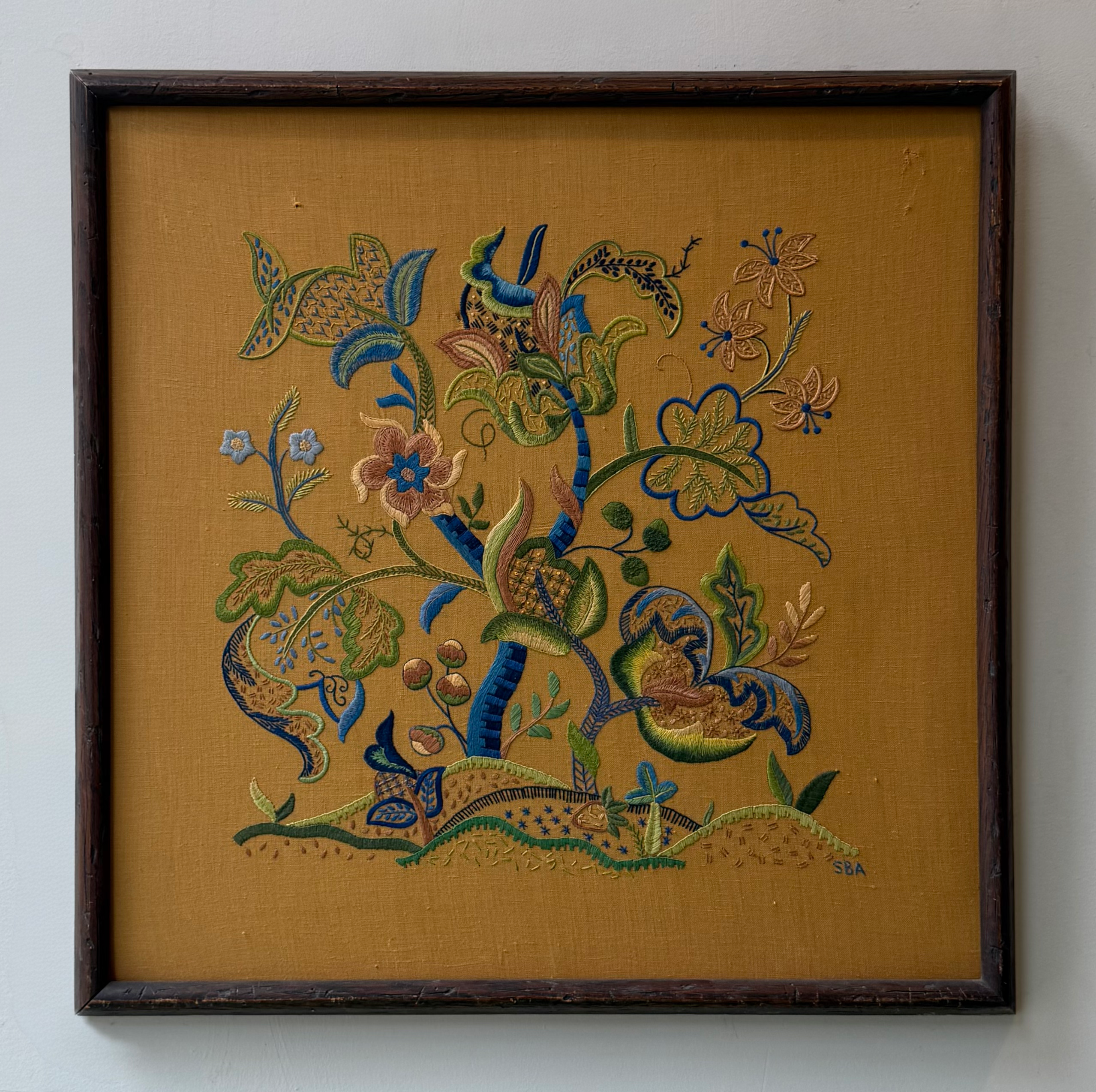 Vintage Framed Floral Embroidery Art