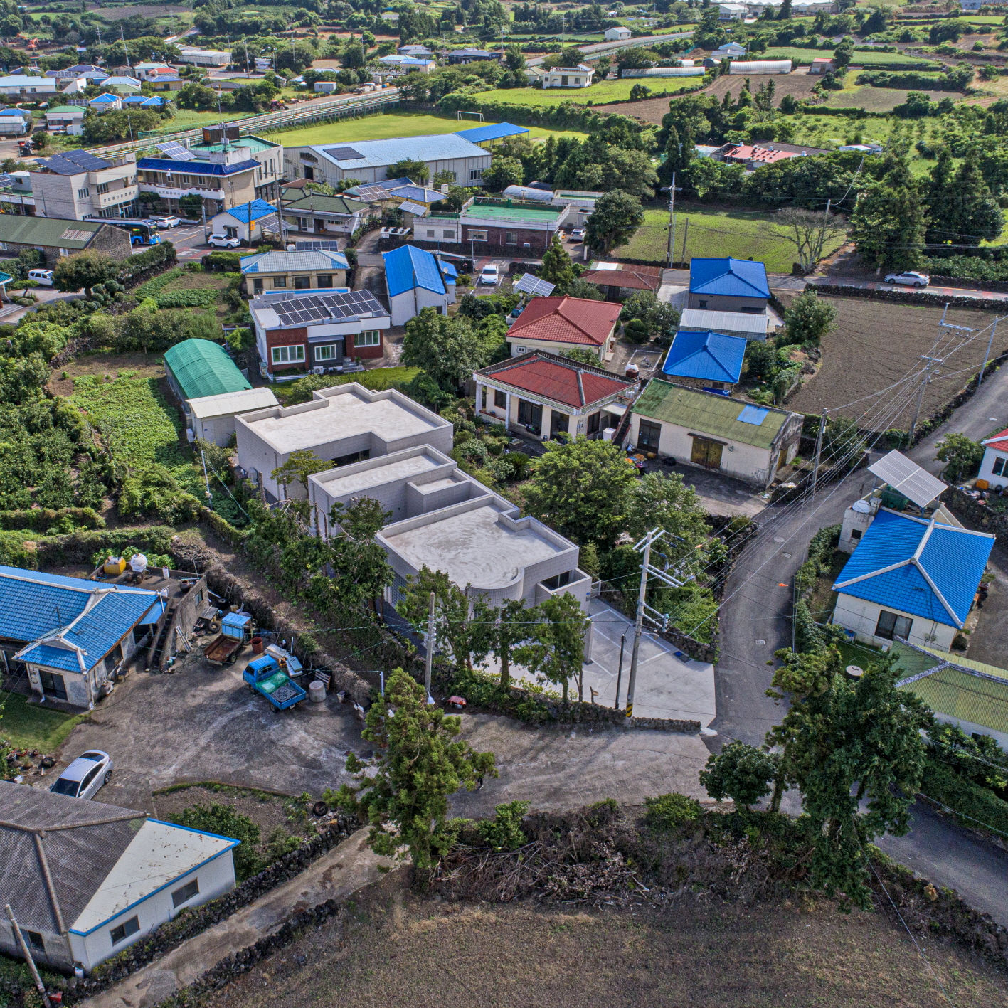 Rhythm house aerial view Eoeum Village in jeju island, South Korea by Kim-O Architects