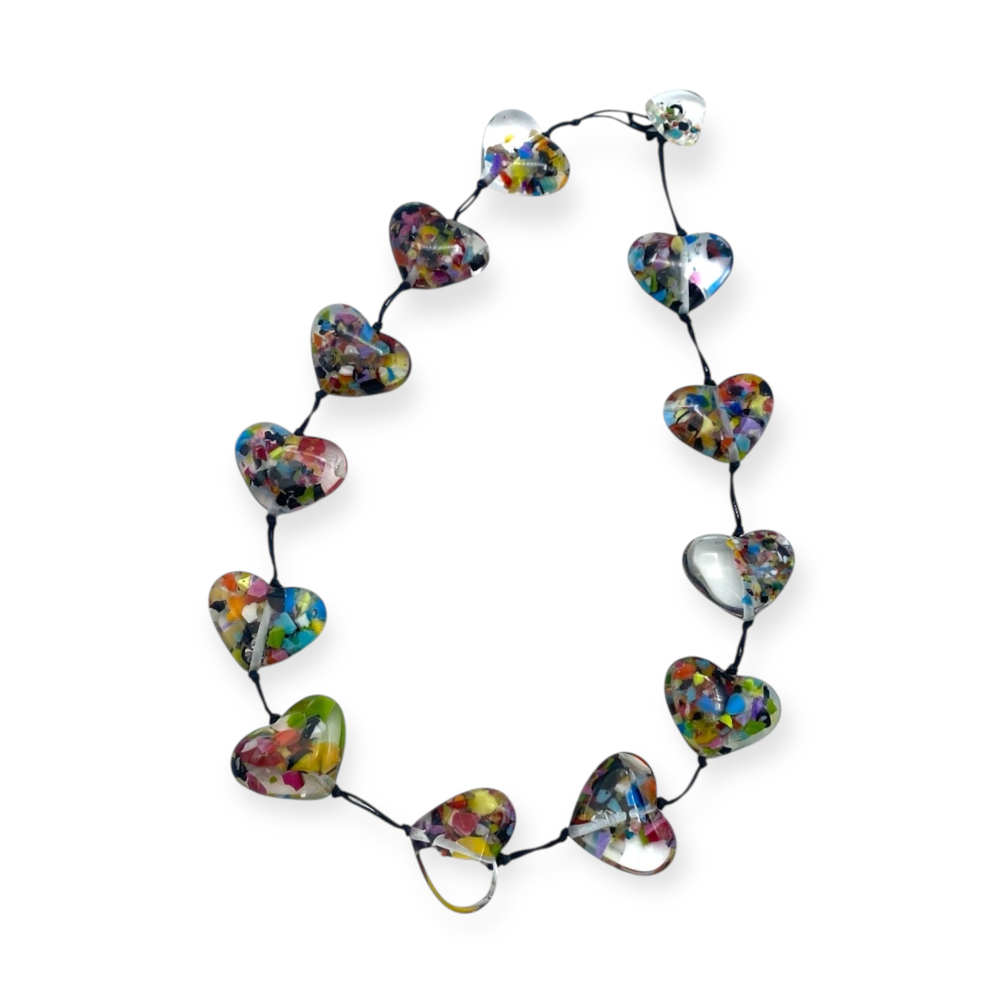 handmade heart-shaped resin necklace with clear and colorful resin