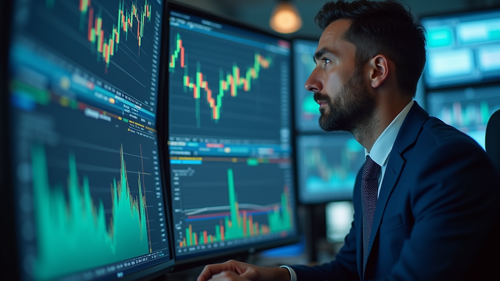 Close-up view of a financial analyst reviewing market data on multiple screens