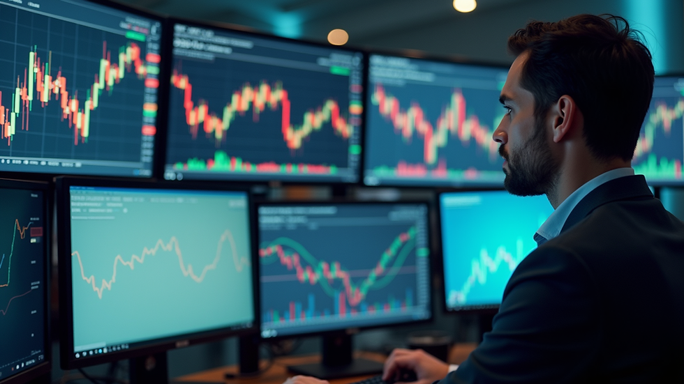 Eye-level view of a trading setup with multiple monitors displaying market data