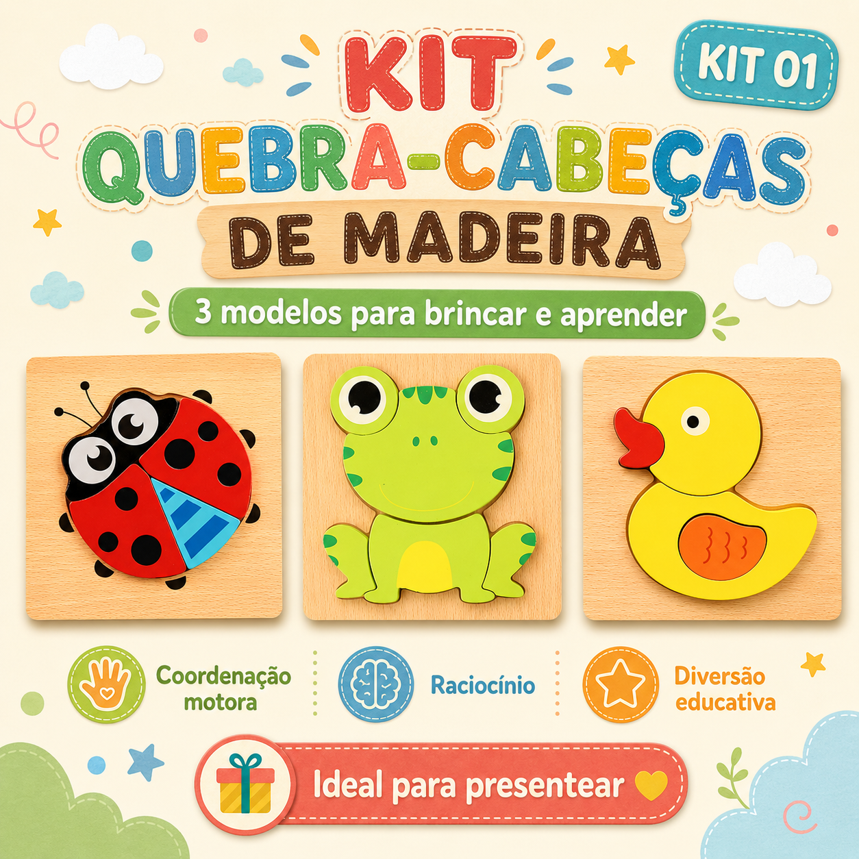 KIT 3 Quebra-Cabeça de Madeira Educativo