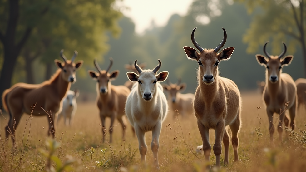 Eye-level view of a serene animal sanctuary with various animals peacefully coexisting