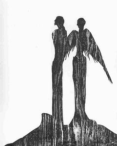 self portrait with angel woodcut eduardo lara artist printmaking