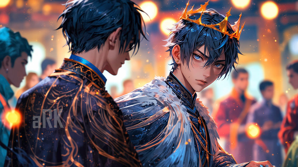 A young crowned king in a white cloak glancing sideways during a formal event, surrounded by nobles.