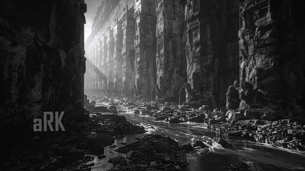 Ancient stone ruins with massive pillars and a stream flowing through a shadowy canyon lit by sunlight.