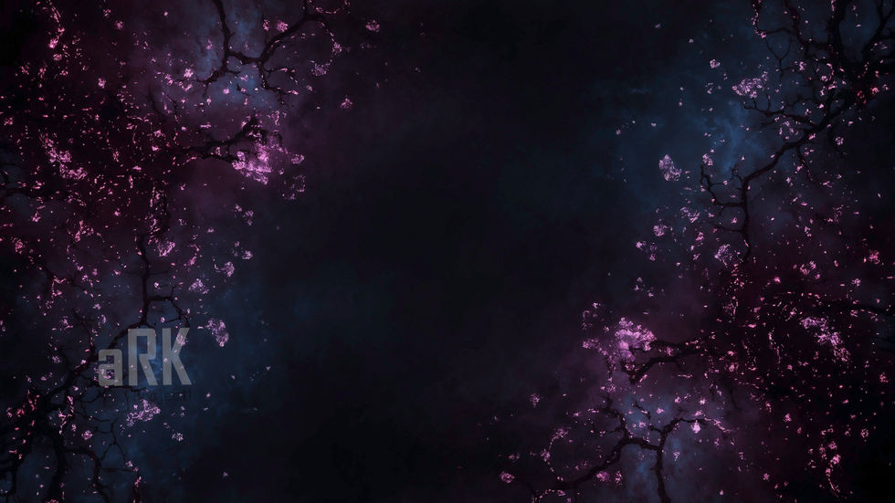 Framing branches with glowing pink blossoms against a dark cloudy sky, creating a cosmic portal effect with an empty center.
