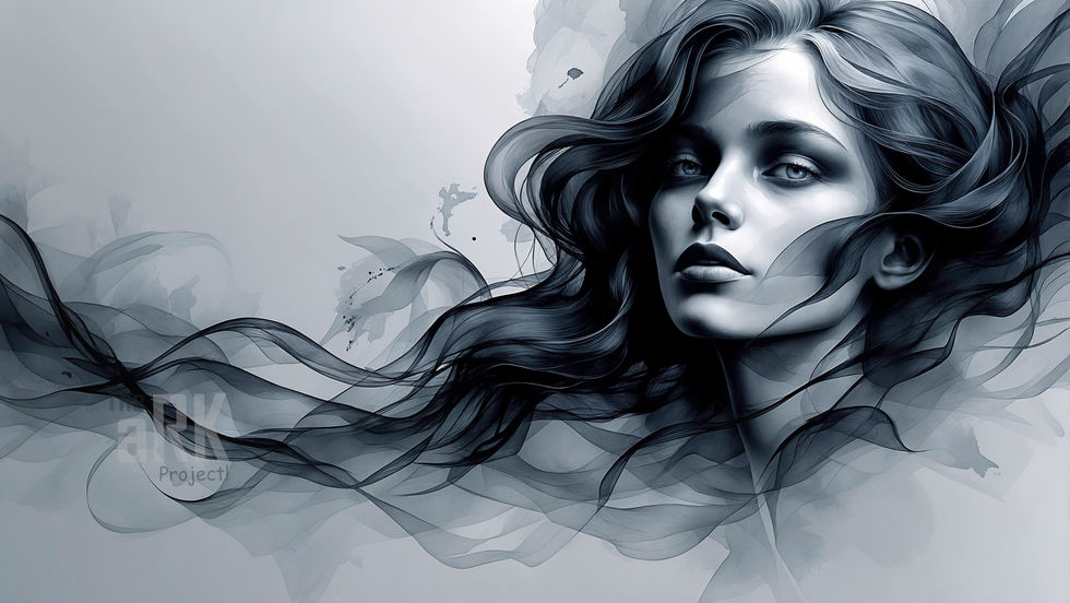 Black and white portrait of a woman with flowing dark hair and smoke-like textures curling across the frame.